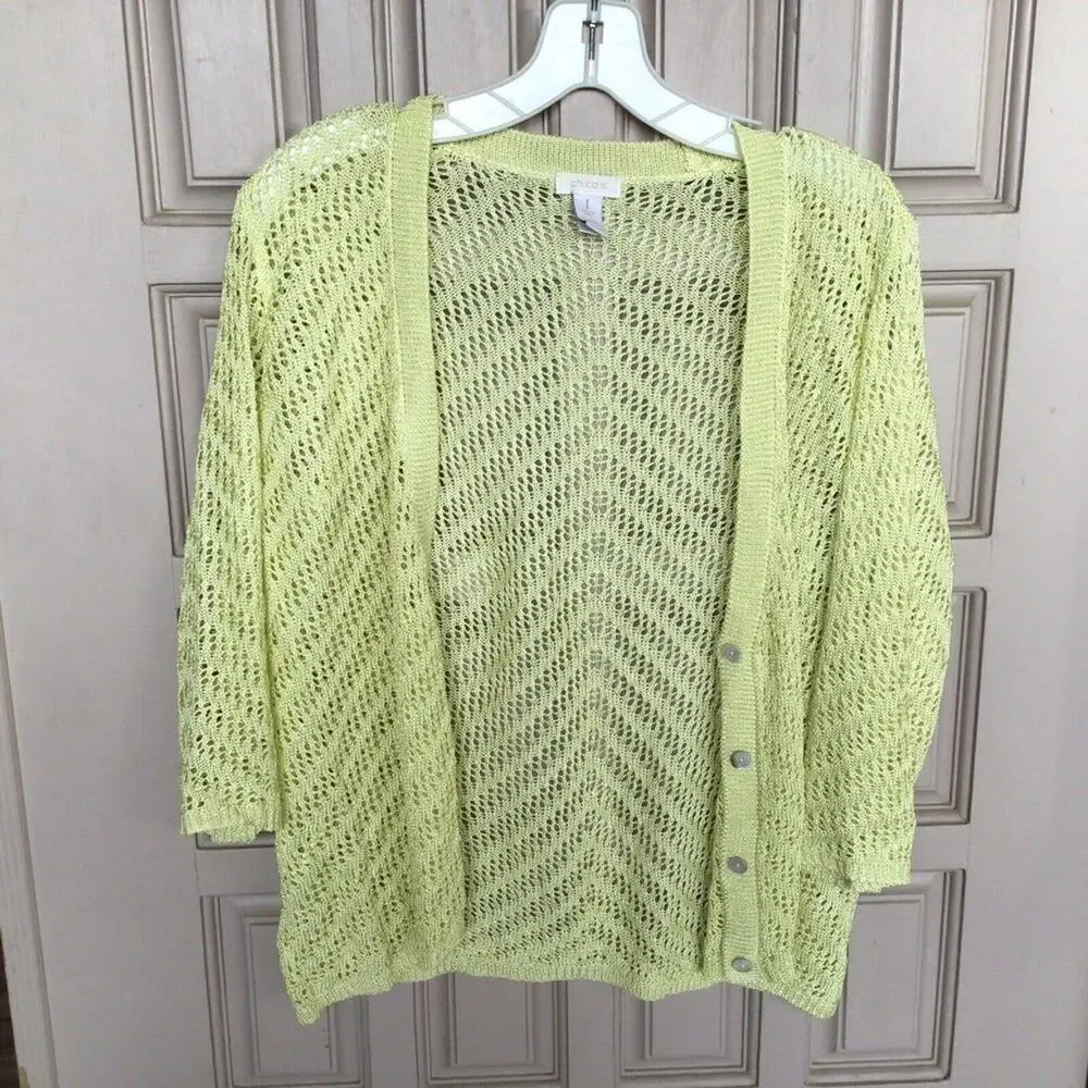 Chico's Sweater Sz1 Cardigan Yellow Open Knit V Neck Buttons 3/4 Sleeve Used